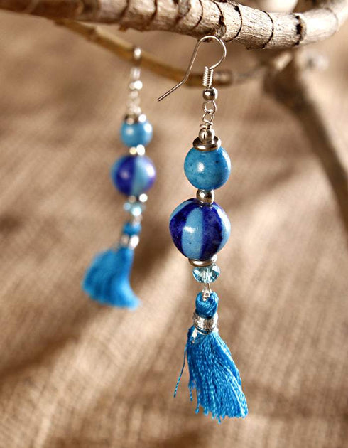Blue Pottery 2 Bead With Tassels Earring (Turquoise)